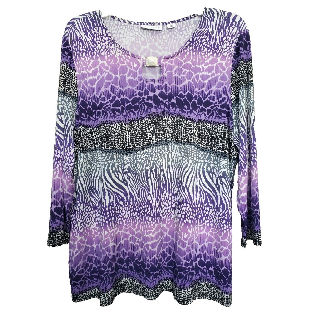 Susan Graver LiquidKnit Keyhole Neck Embellished Square Mixed Animal Print Sz L